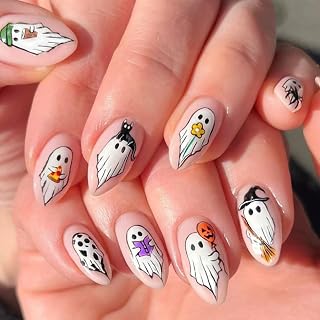 24Pcs Halloween Press On Nails Short Almond White False Nails With Ghost Designs Acrylic Nail Press Ons Full Cover Stick On Nail For Women