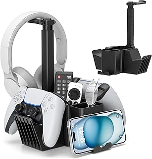 KDD Dual Controller Holder with Headphone Stand - Multi-Functional Desk Storage Box with Phone Holder - Universal Controller Stand with Desktop Organizer for Remote Control Pen Accessories(Black)