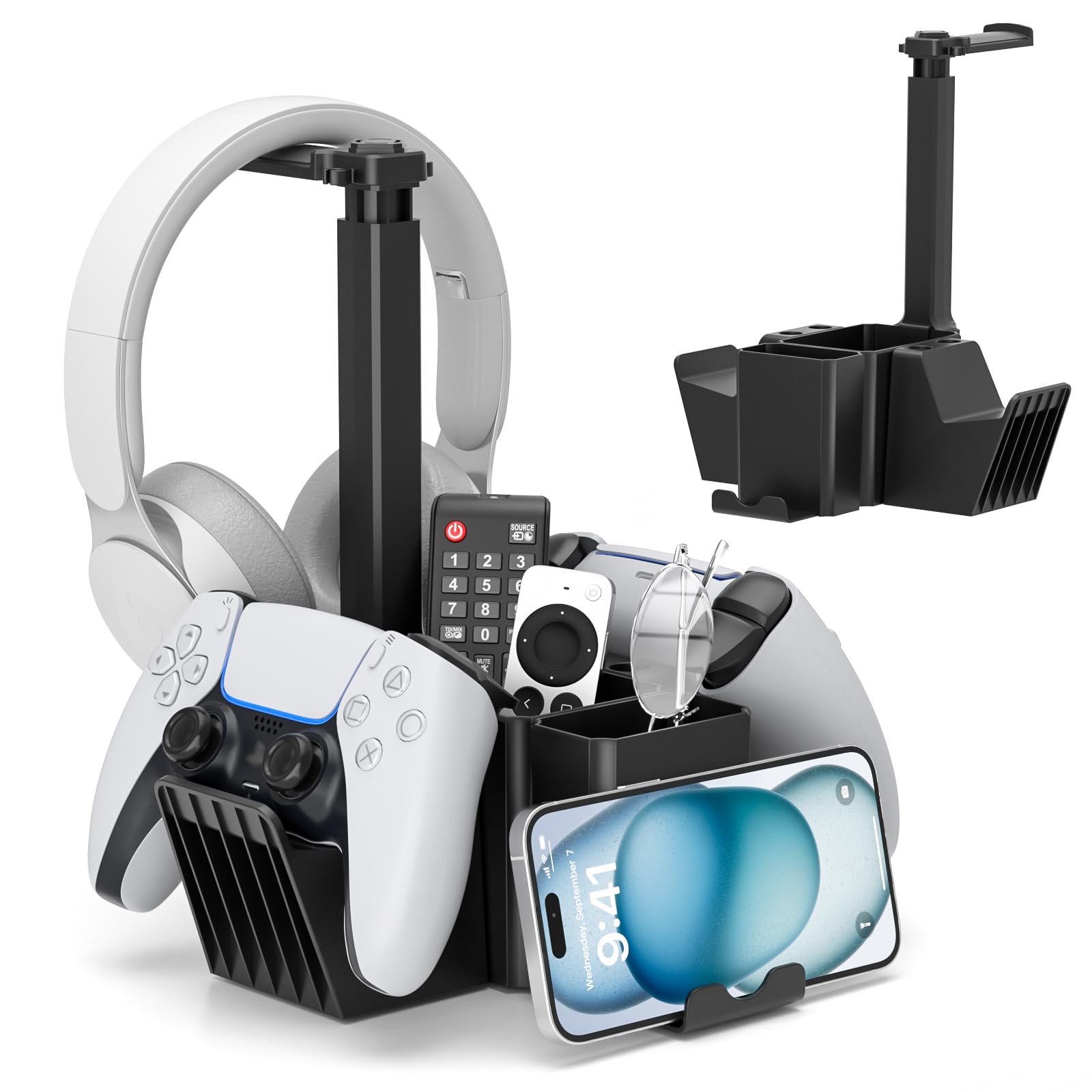 KDD Dual Controller Holder with Headphone Stand - Multi-Functional Desk Storage 