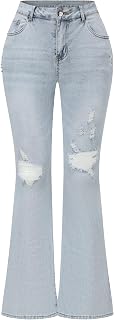 THUNDER STAR Ladies Stretch Mid Rise Flared Distressed Denim Bell Bottom Trousers