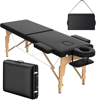 OmySalon Massage Table Portable Massage Bed, 84" x 24" Salon SPA Tattoo Facial Bed Lash Table Height Adjustable with Carrying Bag, Face Cradle & Wooden Frame (Black, 2-Fold)