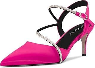 HDEUOLM Women's Needle Mid Heel Pointed Toe Sandals Slingback Diamond Crystal Party Cute 6.5 CM Heels