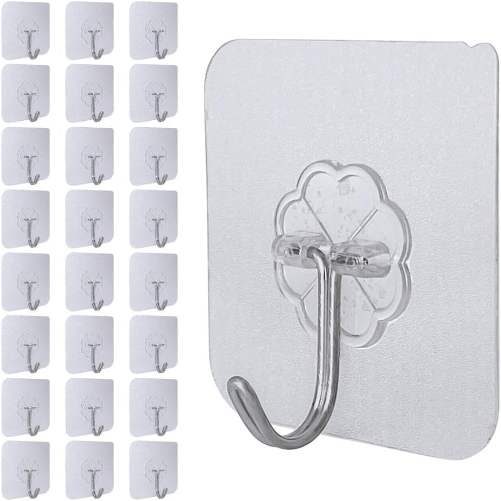 24 Pack Self Adhesive Hooks Heavy Duty, Transparent Sticky Hooks for Hanging, 15