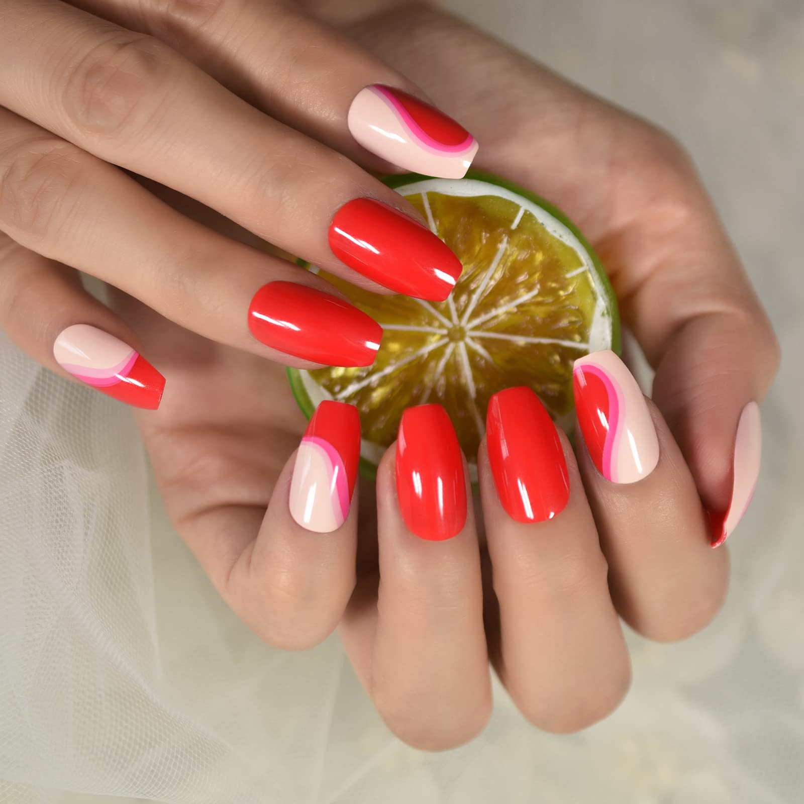 Shiny Red Push Claw Design Coffin Fake Nail Medium Length Fake Nail for Women Gi