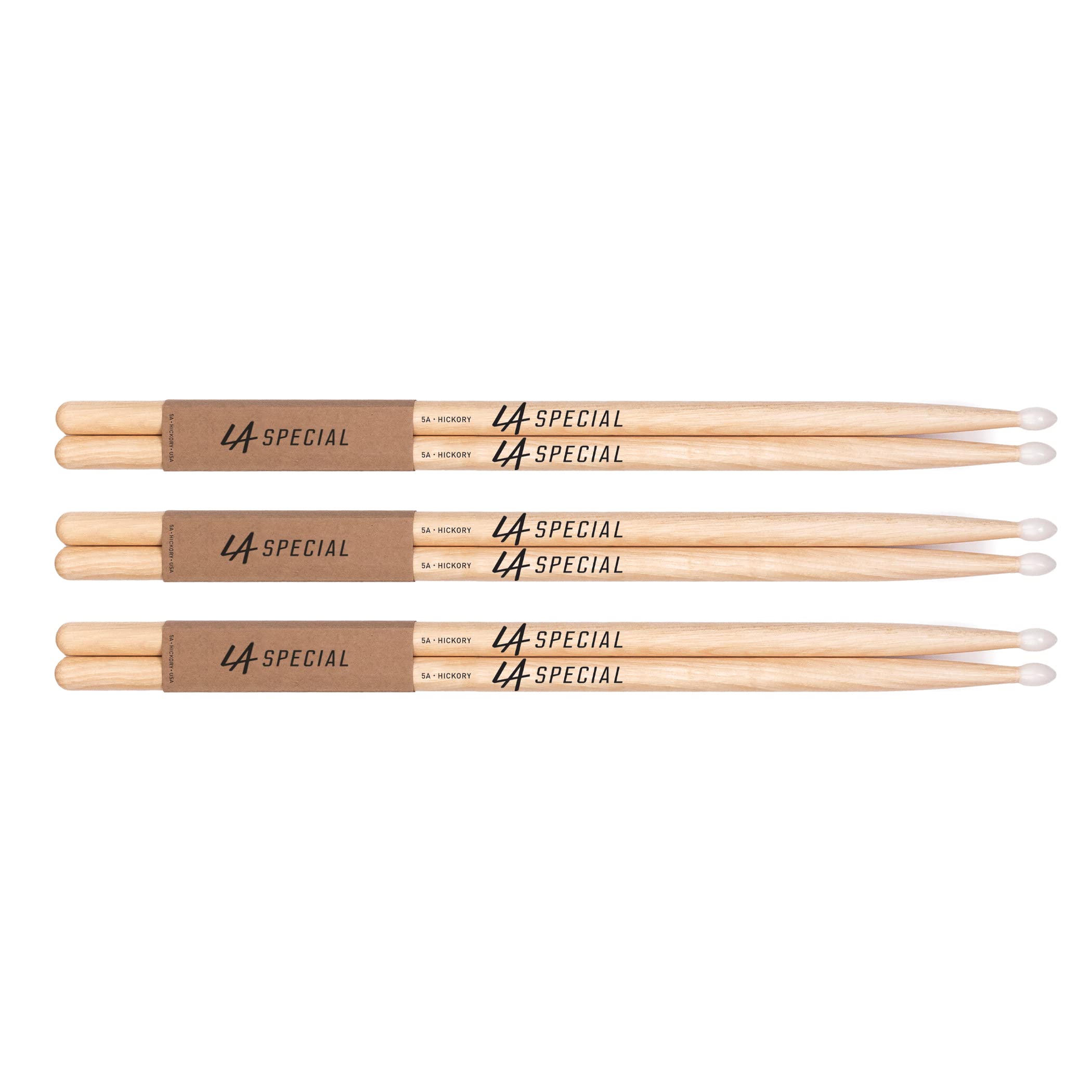 LA Specials Hickory 5A Drum Sticks, Nylon Tip, 3-Pair Pack | LA Specials hickory