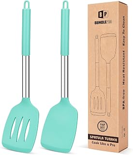 Pack of 2 Silicone Solid Turner,Non Stick Slotted Kitchen Spatulas,High Heat Resistant BPA Free Cooking Utensils,Ideal Cookware for Fish,Eggs,Pancakes (Green)