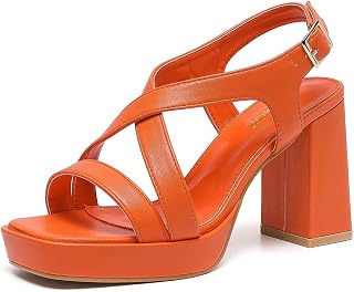 Amoji Women 4 Inch Block Heels Platform Cross Strap Chunky Heeled Sandals 318