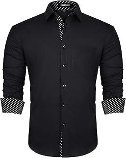 HISDERN Mens Business Dress Shirts Long Sleeve Casual Button Down Shirt Formal Inner Collar Contrast Shirt for Men Wedding
