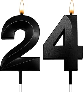 24th Birthday Candles for Cake, 1.97 inch 3D Diamond Number 24 Candle, 24th Birthday Decorations for Men & Women, 24 Year Old Cake Toppers for Party, Anniversary, Milestone (Black)