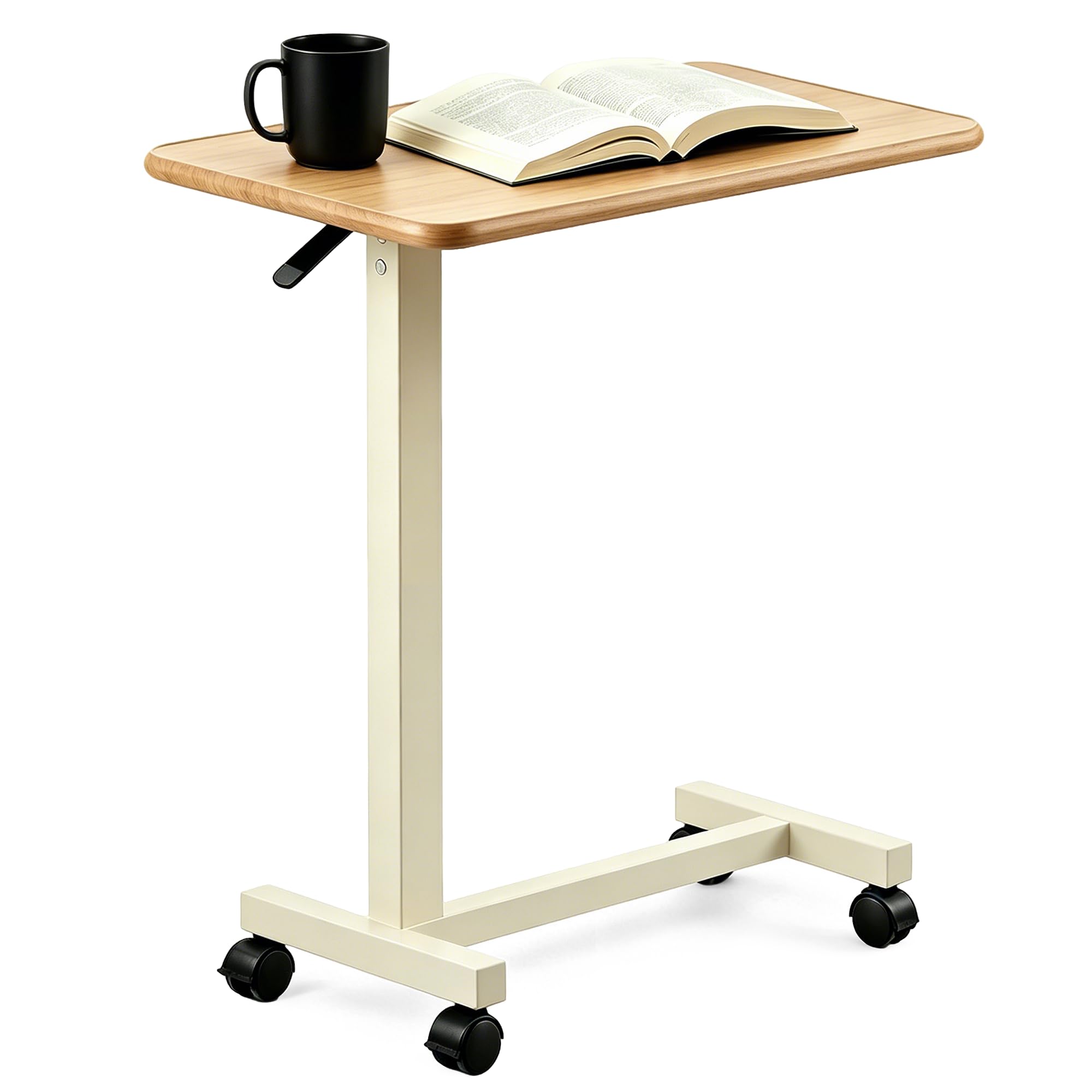 Adjustable Overbed Table with Wheels, Pneumatic Height Lift Rolling Bedside Tabl