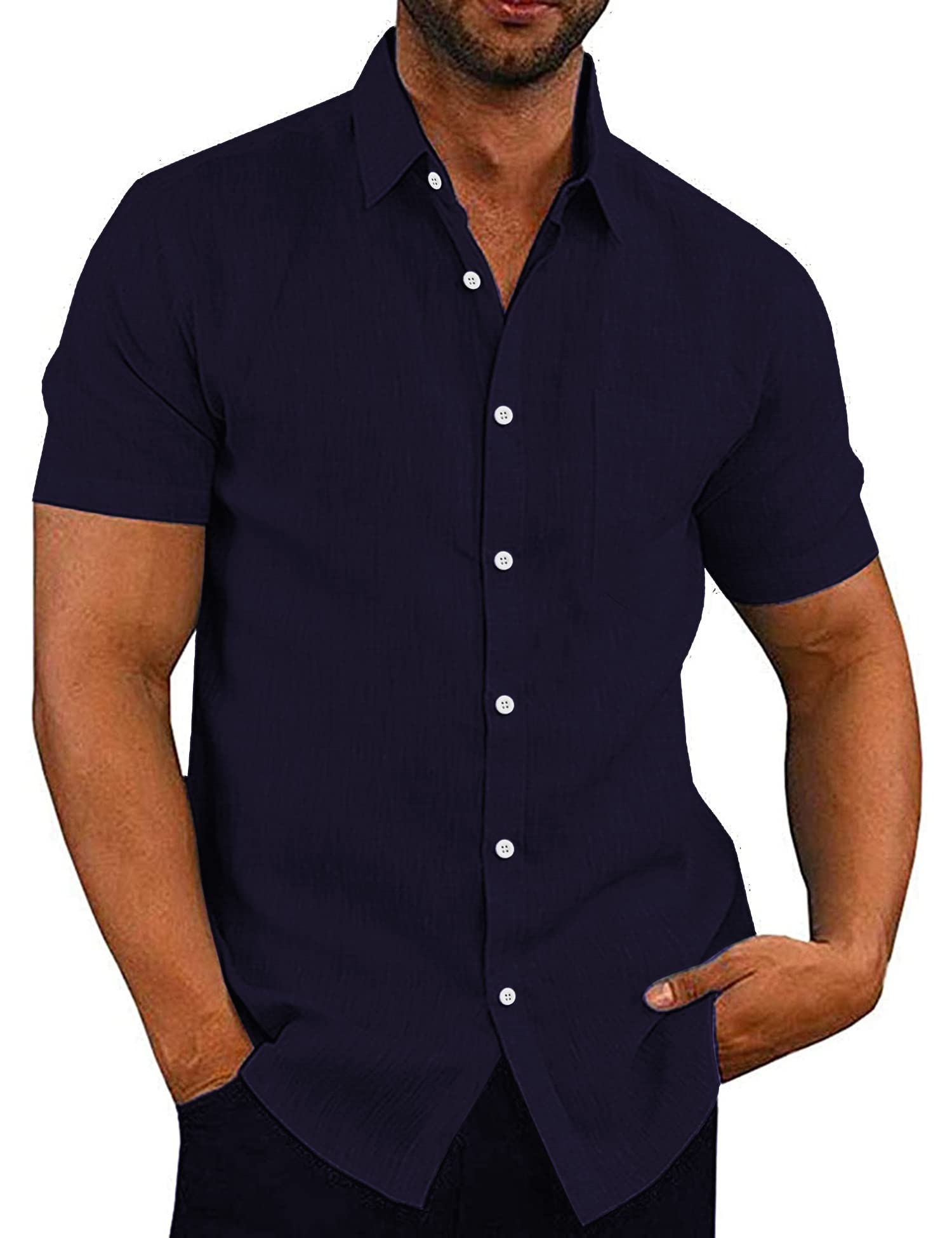 COOFANDY Men's Casual Button Down Shirts Short Sleeve Linen Shirts Summer Beach 