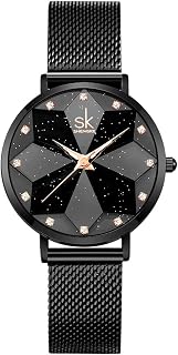 SHENGKE Creative Starry Star Women Watch with Stainless Steel Mesh Band Genuine Leather Elegant Women Watches