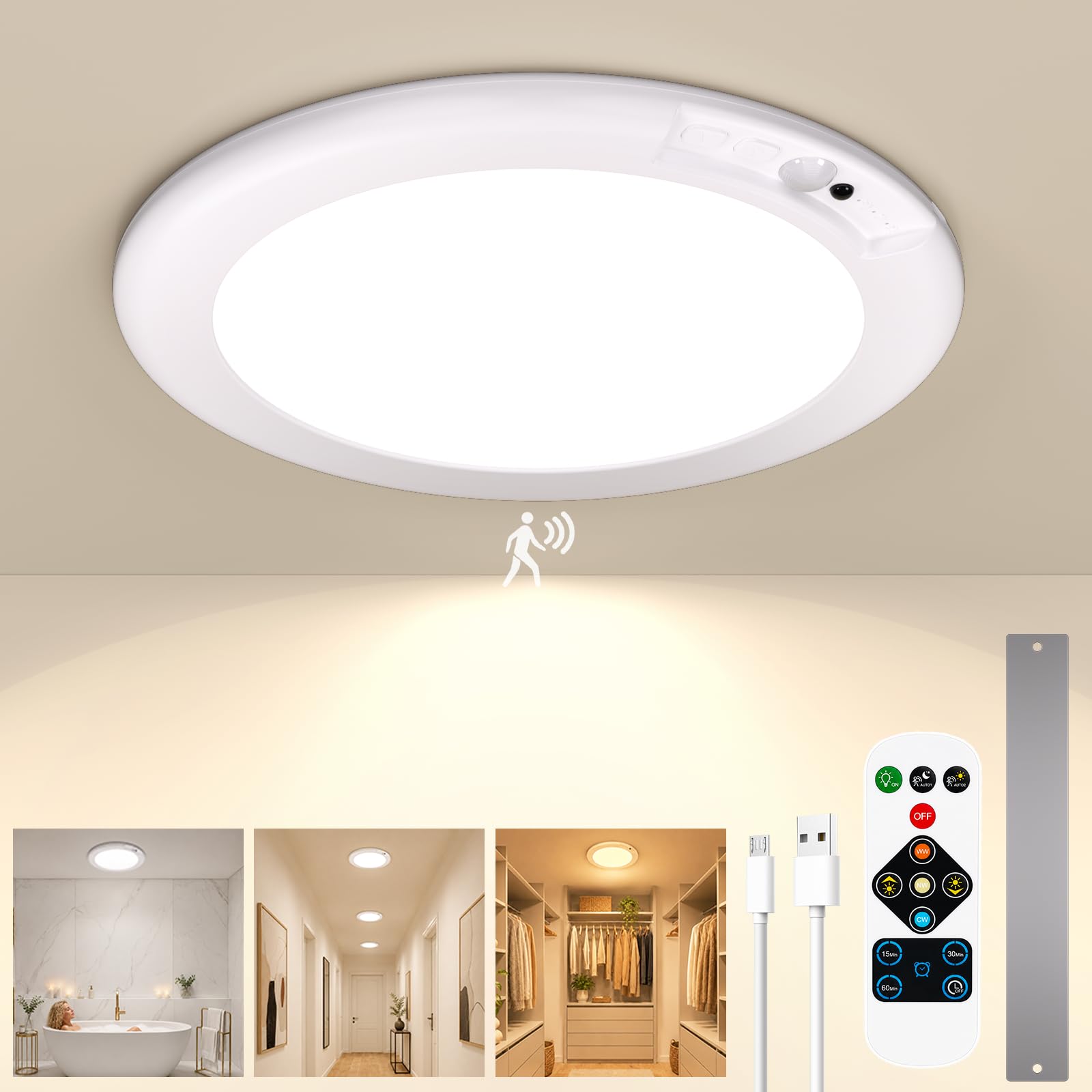GOODEA 25CM Rechargeable Ceiling Light 8000mAh, 3 Sensor Mode & 3 Color | 45 Day