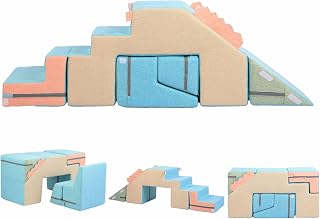 Asweets 4 in 1 Foam Climbing Blocks for Toddlers (Faux-Linen Blue-Khaki) | Indoor Soft Climb and Crawl Play Climbing Toys for Creativity & Imagination