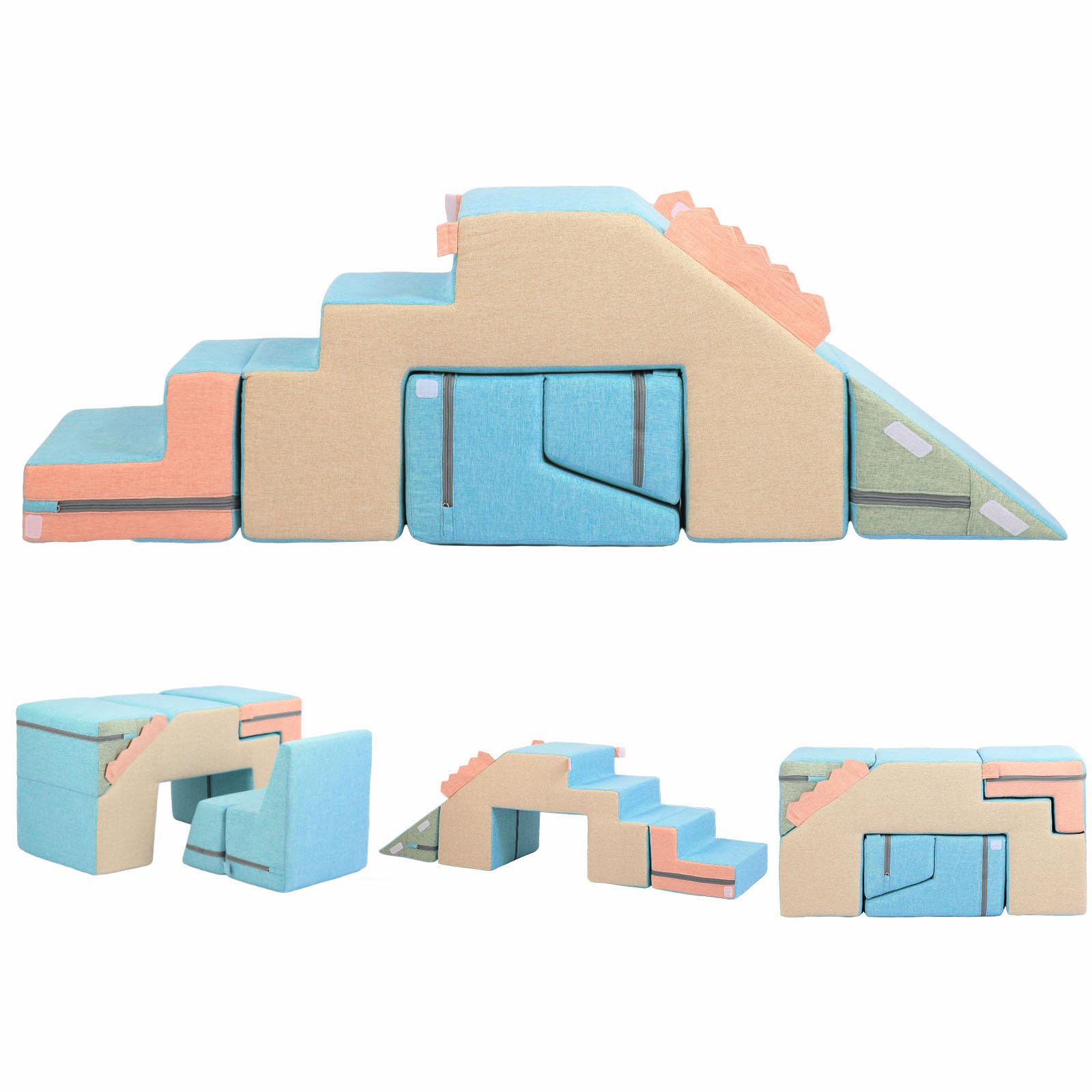 Asweets 4 in 1 Foam Climbing Blocks for Toddlers (Faux-Linen Blue-Khaki) | Indoo