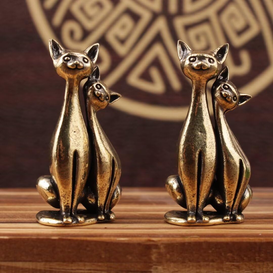 1pc Brass Cat Couple Figurines Vintage Bronze Animal Mini Statues Romantic Desk 
