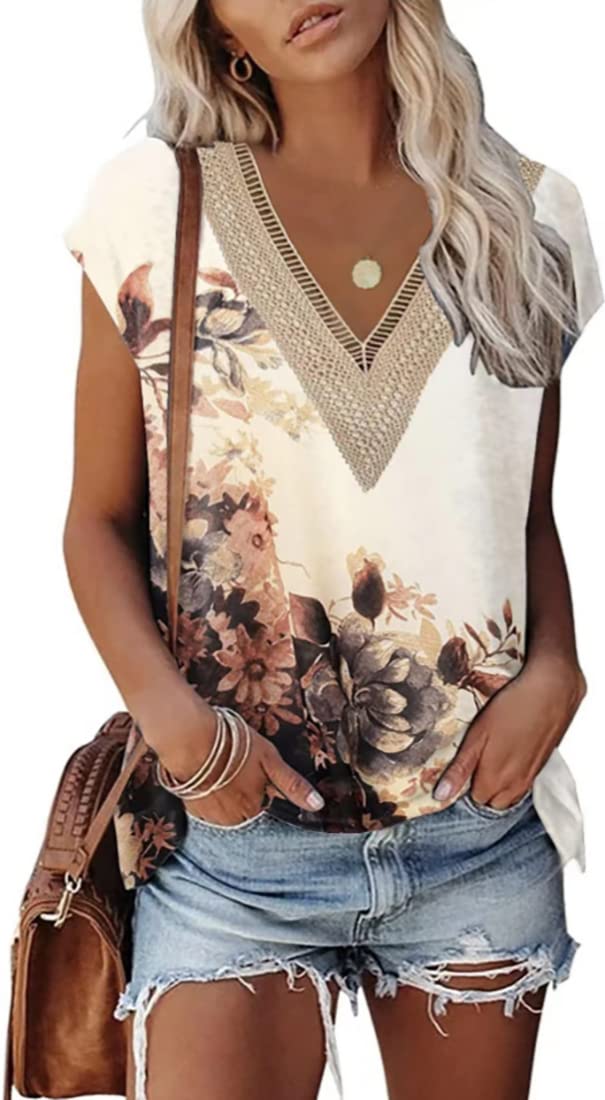 Womens Casual Tank Tops Cap Sleeve Shirts Loose Fit Lace V Neck Summer Tops
