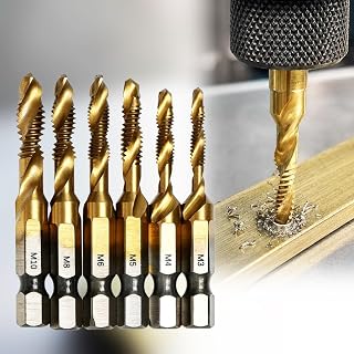 6 Pack Drill Tap Set, Titanium Plated Combination Taps Drill Bit Set, M3 M4 M5 M6 M8 M10 Hex Shank HSS Screw Thread Metric Compound Tap Drill Bits Metal Drilling