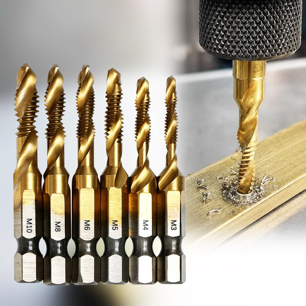 6 Pack Drill Tap Set, Titanium Plated Combination Taps Drill Bit Set, M3 M4 M5 M