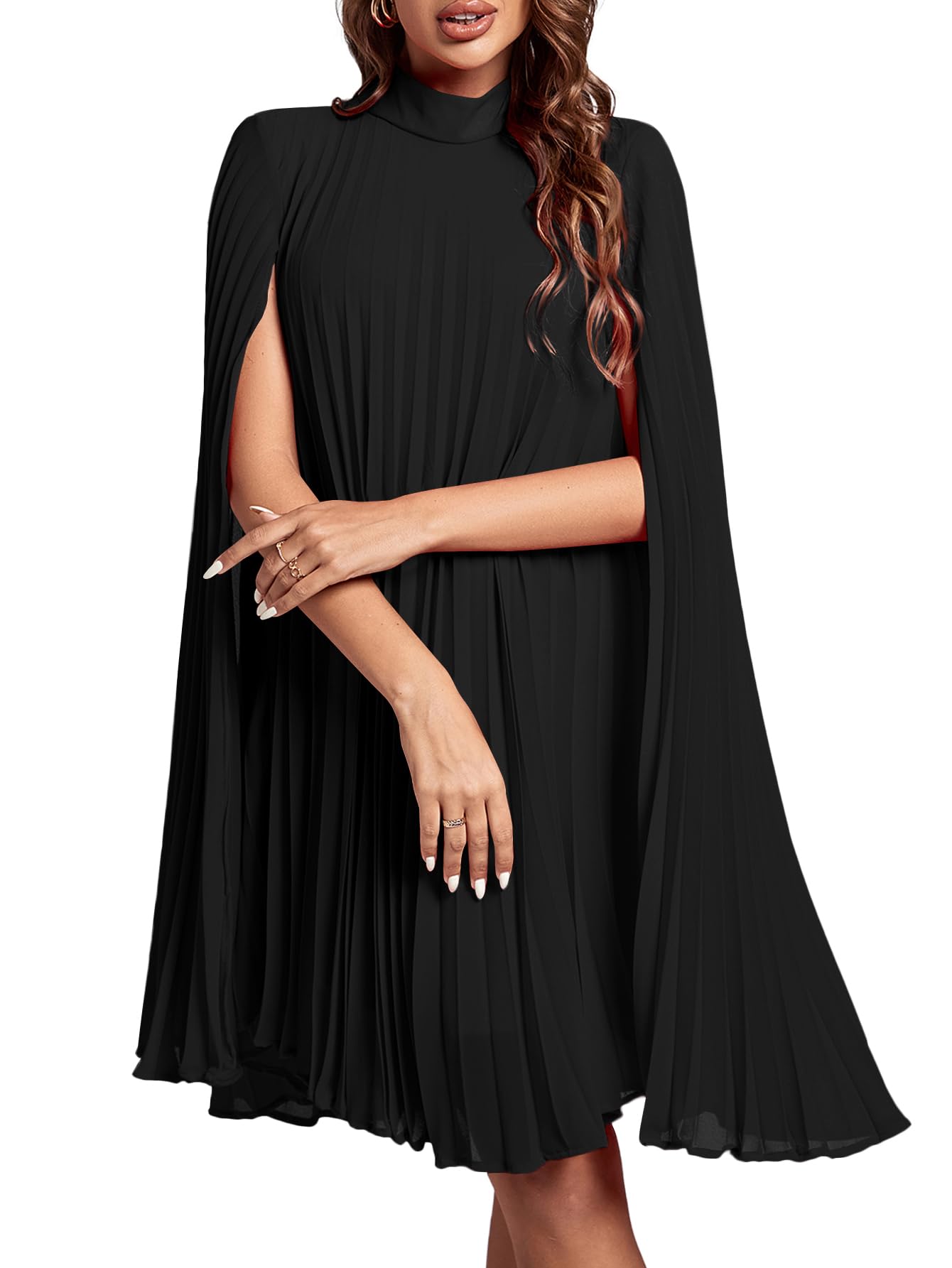 Rooscier Women's Mock Neck Cloak Sleeve Pleated Keyhole Back Flowy Party Midi Dr
