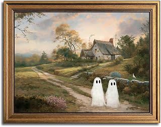 Wemandh Framed Halloween Decorations Fall Decor Wall Art, Rustic Landscape Wall Decor, Cute Ghost Decor Wall Art, Aesthetic Halloween Wall Decor (9.5''x12'')