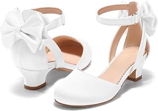 Coutgo Girls Dress Shoes Flower Girl Shoes with Cute Bow Closed Toe Chunky Heel Satin Wedding Party Pumps