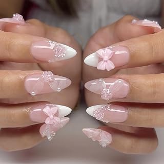 French Almond Press-On Nails, Pink White Fake Nails, Elegant Acrylic Fake Nails with Ribbon & Camellia Design, Full Cover Glue on Nails, Reusable Stick On Nails, Manicure Decorations for Women and