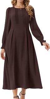 Seta T Women's Fall Dress Frilled Long Sleeve A-Line Casual Midi Dresses
