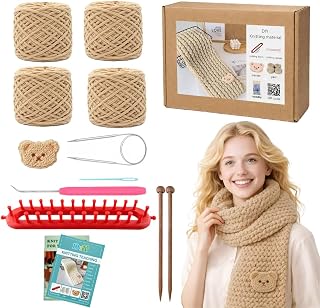 Novelchet Scarf Knitting Loom Kit for Beginners with Plush Yarn Khaki | Knitting Loom Set Knitting Needle and Circular Needle for Scarf, Best Gift