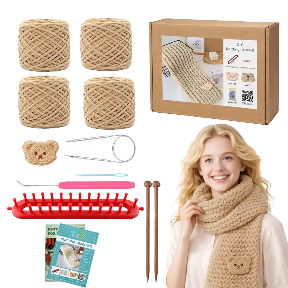 Novelchet Scarf Knitting Loom Kit for Beginners with Plush Yarn Khaki | Knitting
