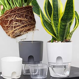 1/2 Pcs Automatic Watering Pots, Automatic Watering Pots for Indoor Plant, Plastic Pots with Absorbent Cotton Rope (White and Grey)