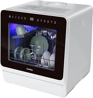 Hermitlux Countertop Dishwasher, 7 Washing Programs Portable Dishwasher | Mini Dishwashers with 5-Liter Built-in Water Tank , Glass Door, LED Light, No Hookup Needed for RV & Apartment Use