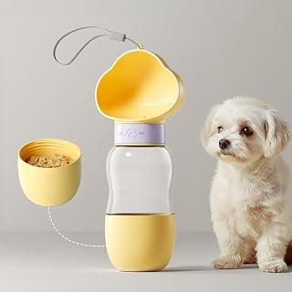 2 in 1 Dog Water Bottle and Feeder - Portable Pet Travel Bowl and Pet Food Container for Hiking - Yellow Cloud