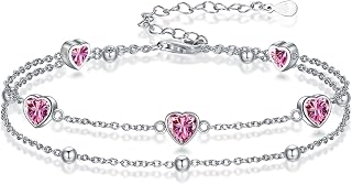 Birthstone Anklet/Bracelets for Women 925 Sterling Silver Charm Link Double Strand Heart Birthstone Jewelry Gift for Wife Women Mother's Day Gift