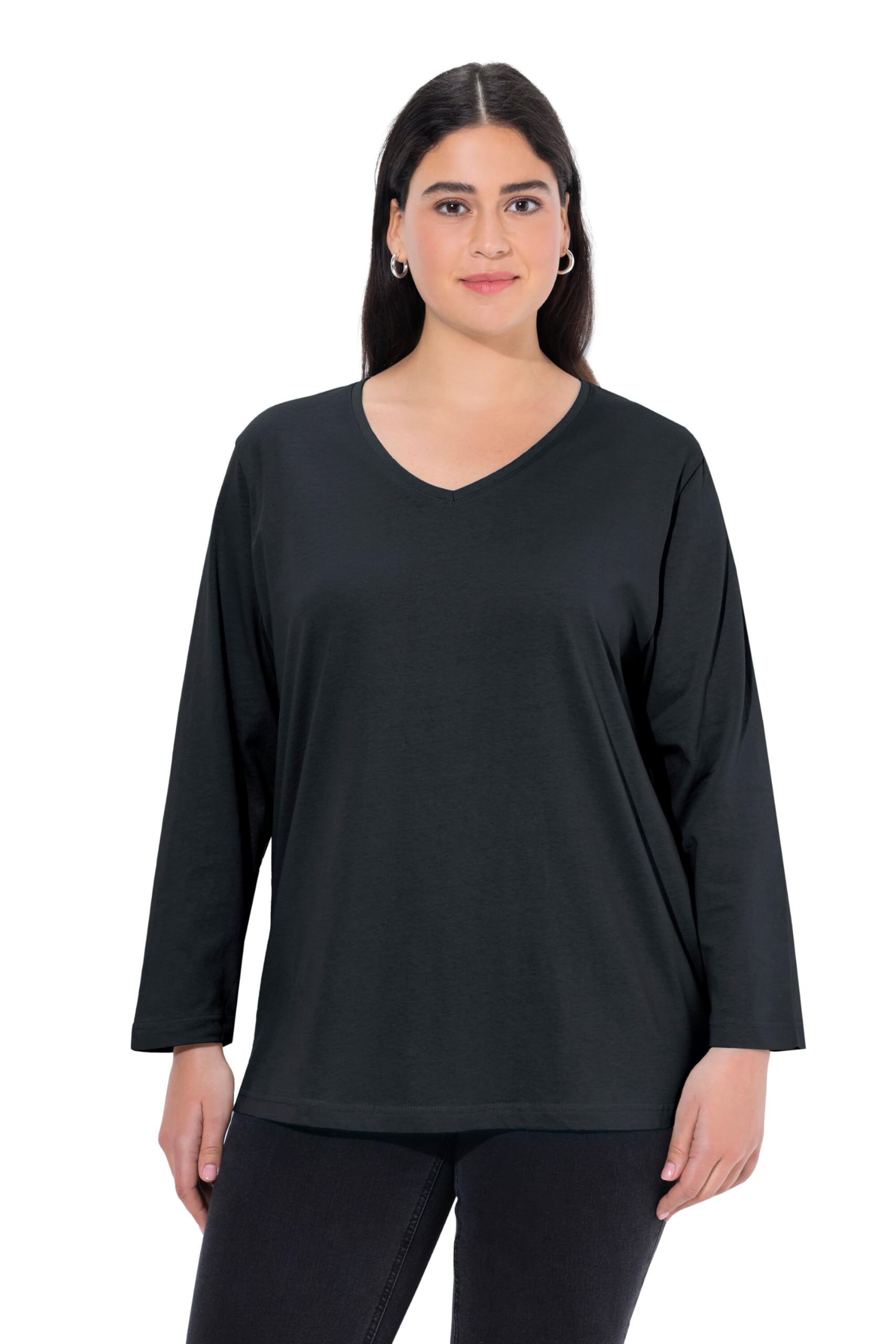 Ulla Popken Women's Plus Size V Shirt, Basic Relaxed, Long Sleeve 725334