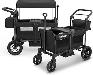 MiniKins Wagon for Kids, Foldable 2-Seater Wagon Stroller with Canopy | All Terrain Tires, Adjustable Push & Pull Handle, Storage Bag, Harness, Snake Tray for Toddler