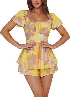 Rooscier Women Short Sleeve Ruffle Square Neck Mini Romper Jumpsuit