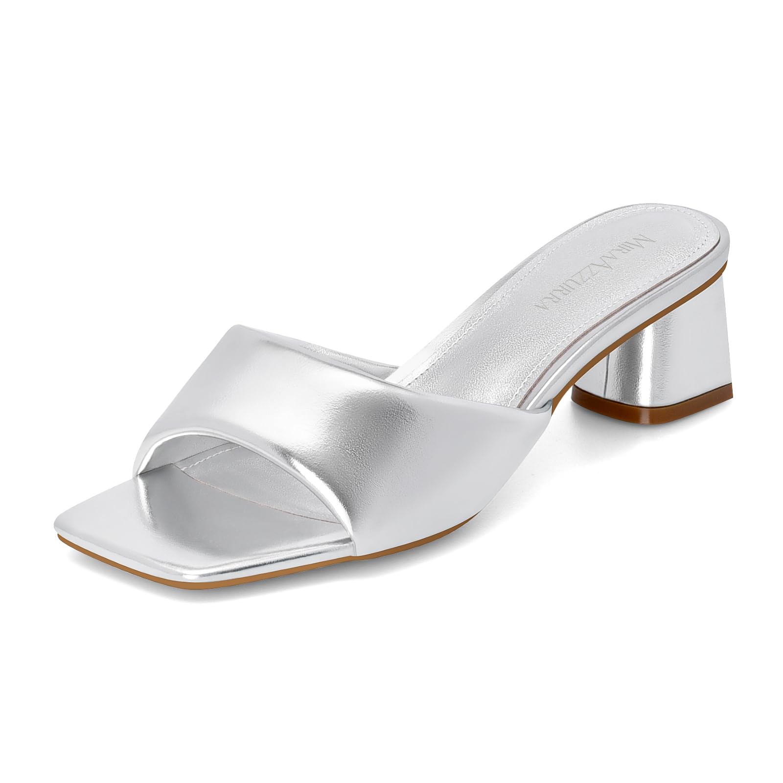 MIRAAZZURRA Heel Mules for Woman Square Open Toe Chunky Block Short Low Heel Sli