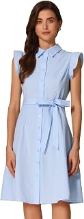 Allegra K Women's Ruffled Sleeve Casual Office Dress Tie Waist Button Down Cotton Shirt Dresses