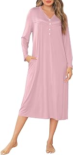 Sopesil Women's Long Nightdresses V Neck Soft Button Down Sleep Dress Ladies Classic Nightgowns Sleepwear with Pockets S-XXL