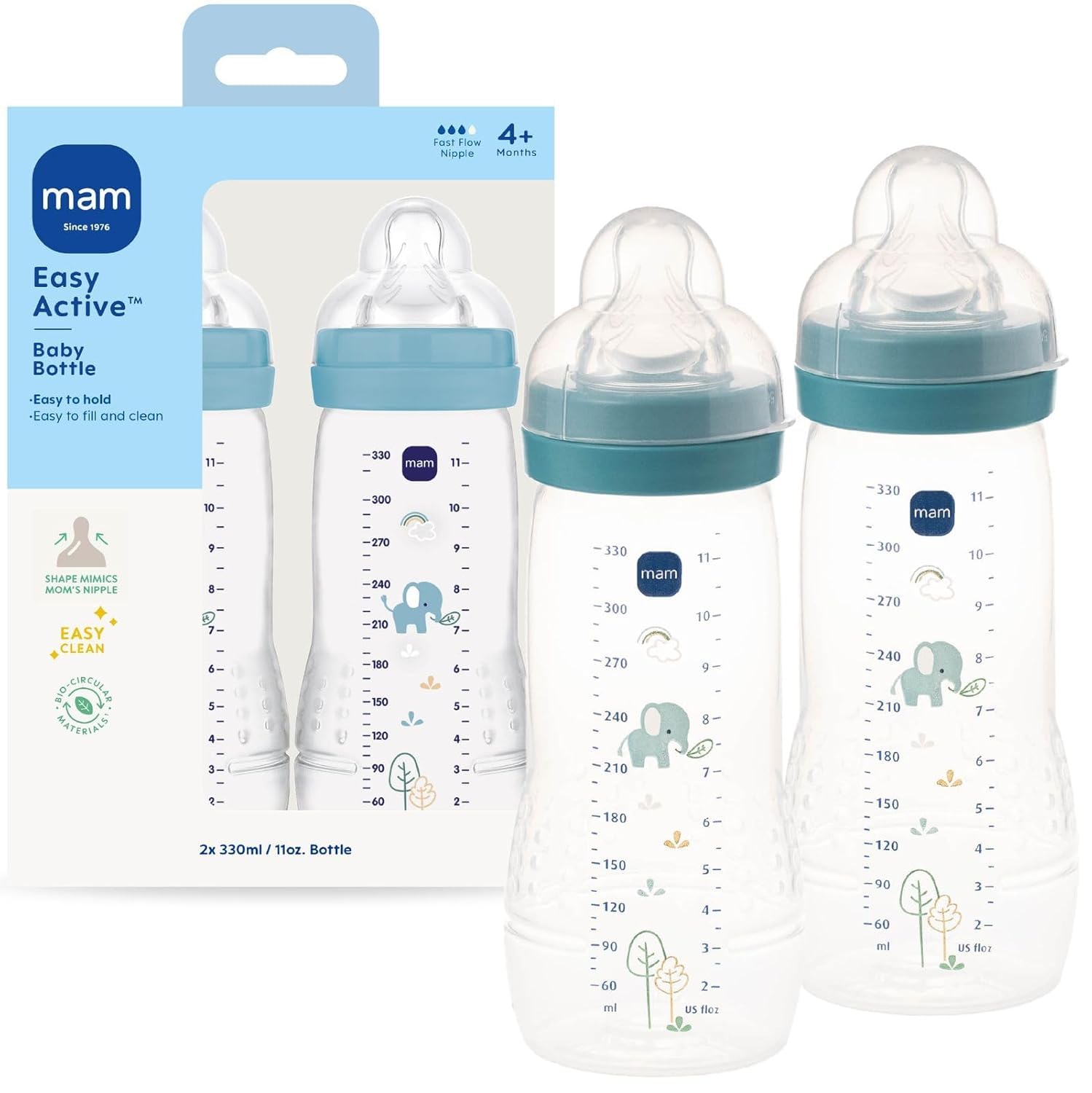 MAM 11oz Natural Flow Active Anti-Colic Baby Bottle, 4+ Mths, 2 Pack | BPA Free,