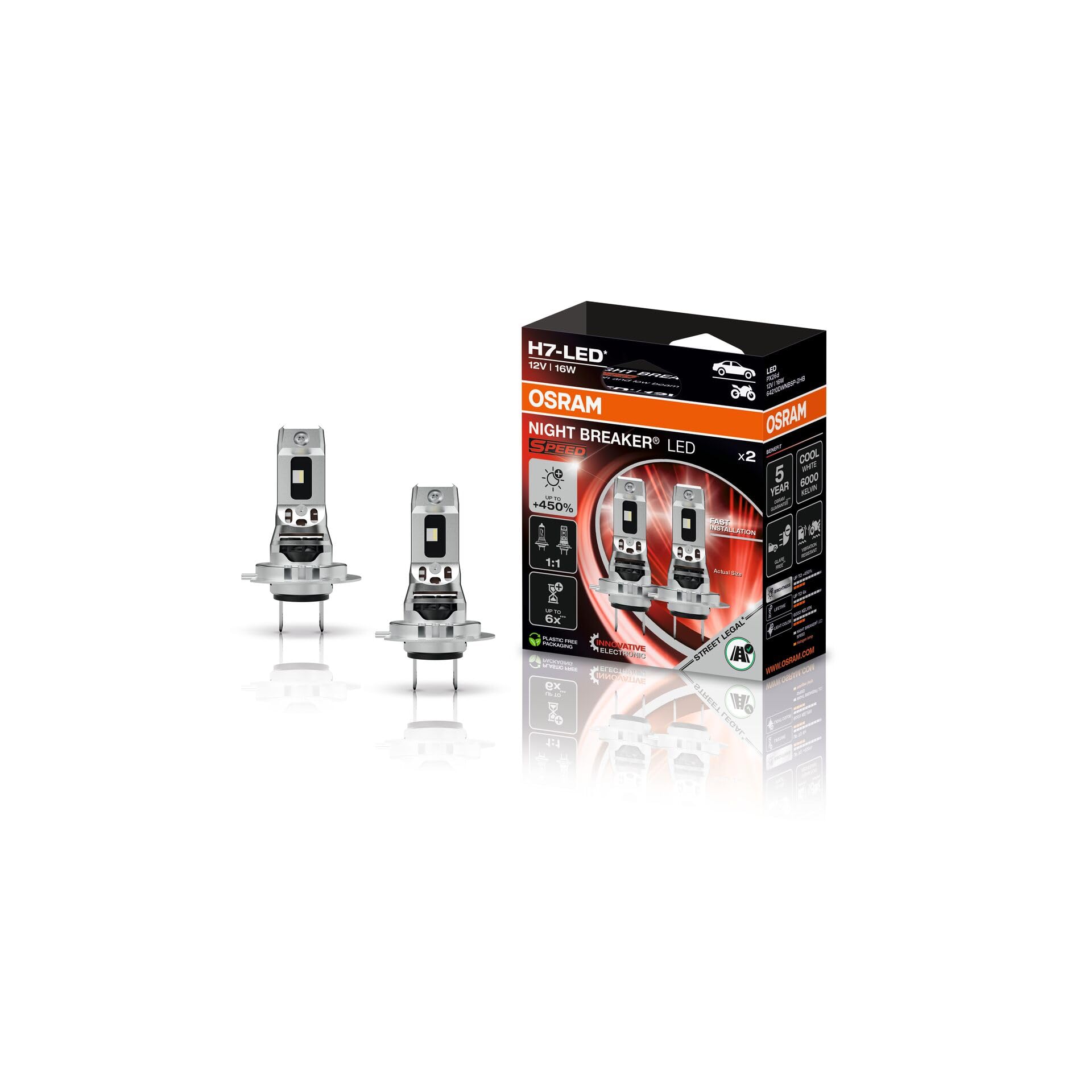 Osram Night Breaker LED Speed H7 450, LED High and Low Beam with Road Approval, 