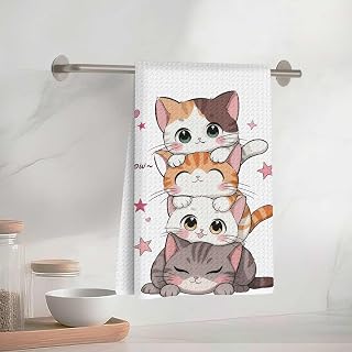 Cute Stacked Cat Kitchen Towels 40x58cm, Absorbent Microfiber Decorative Dish Cloth, Waffle Style Hand Towels for Kitchen, Home, Bathroom, Lovers Gifts