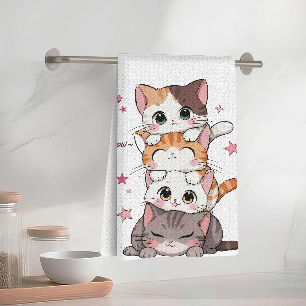 Cute Stacked Cat Kitchen Towels 40x58cm, Absorbent Microfiber Decorative Dish Cl