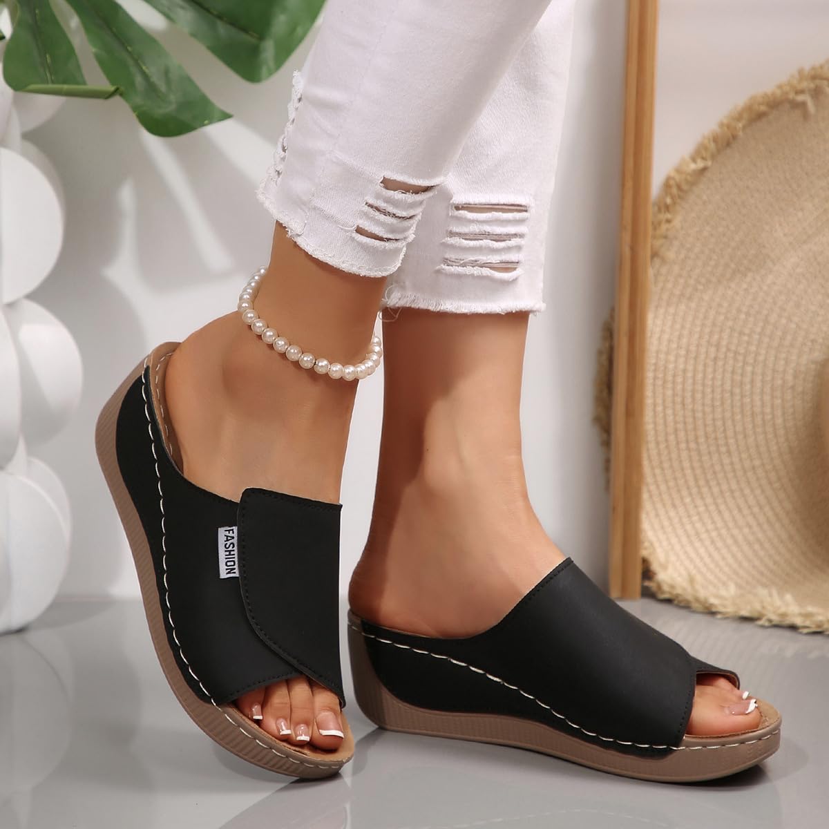 Summer Wedge Sandals for Women with Arch Support - Comfortable Slip On Sandals T