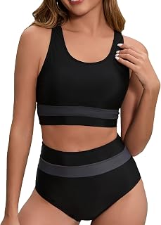 Women's High Waisted Bikini Sets Two Piece Swimsuit Color Block Sporty Athletic Moderate Coverage Bathing Suits