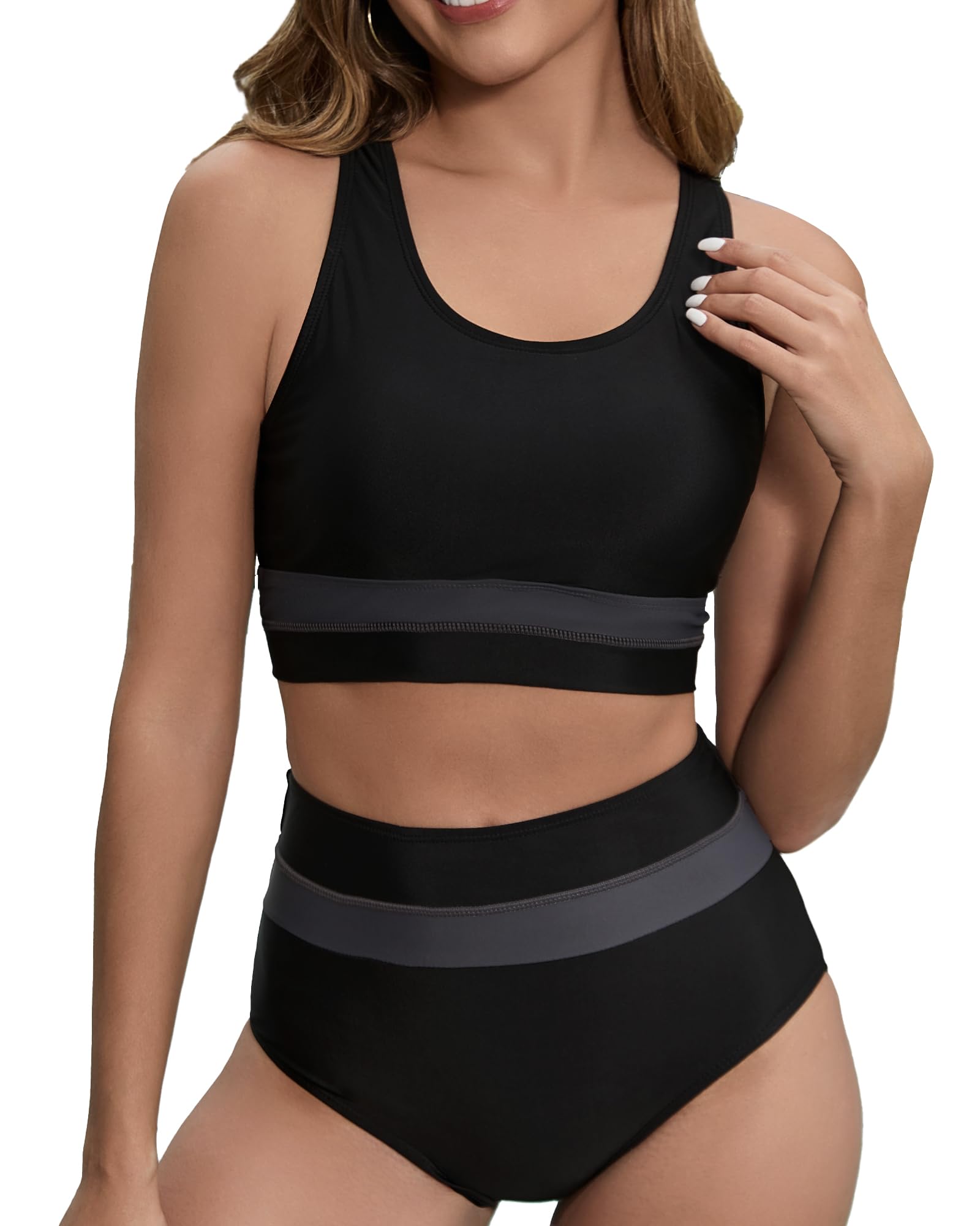 Women's High Waisted Bikini Sets Two Piece Swimsuit Color Block Sporty Athletic 