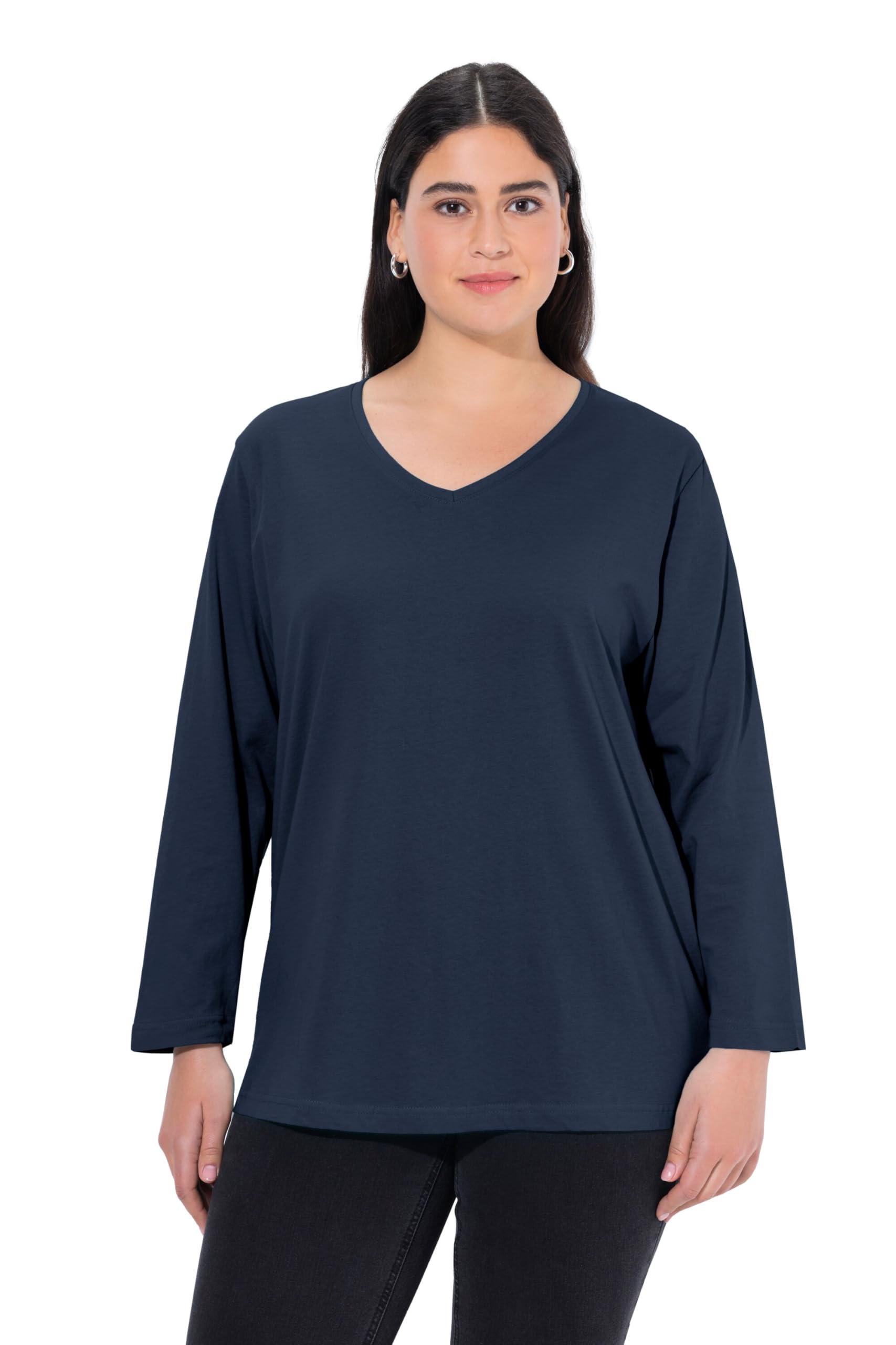 Ulla Popken Women's Plus Size V Shirt, Basic Relaxed, Long Sleeve 725334
