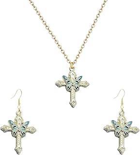 Dreuyet Butterfly Cross Earring Necklaces Set for Women Creative Alloy Bohemian Butterfly Insect Animal Necklace Vintage Cross Pendant Necklace Religious Jewelry