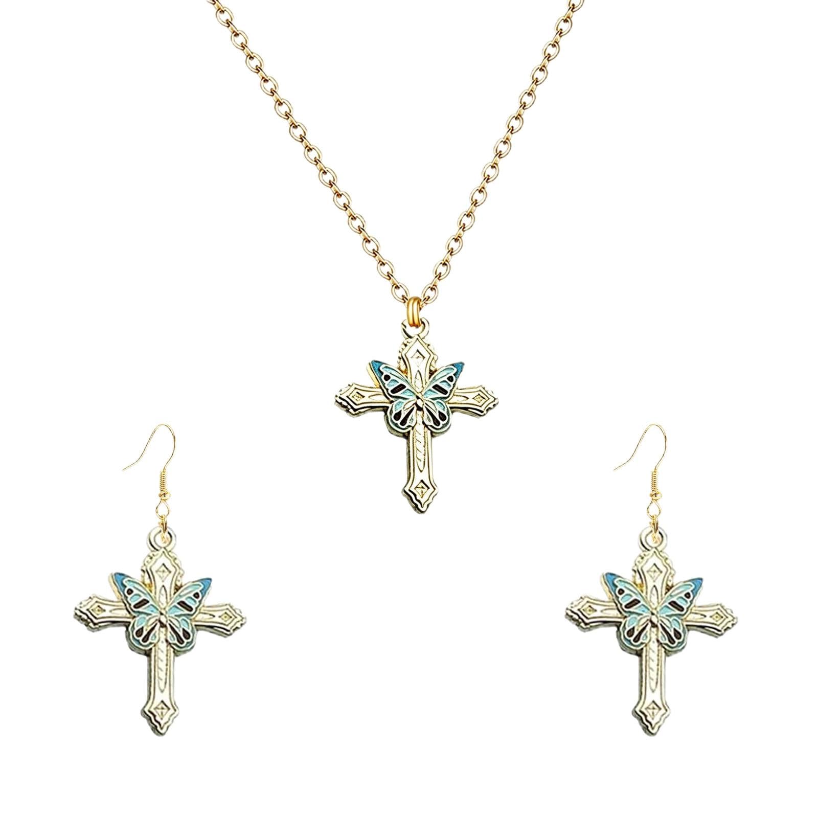 Dreuyet Butterfly Cross Earring Necklaces Set for Women Creative Alloy Bohemian 